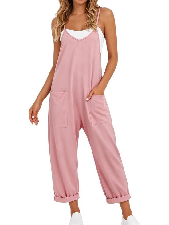 Pants - Women's Pink Summer V Neck Sleeveless Adjustable Straps With 2 Pockets Rompers